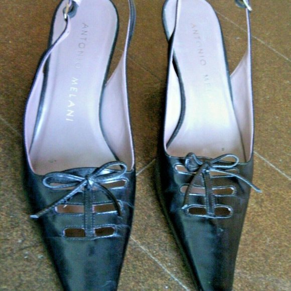 Antonio Melani Women's Glove Fit Black Leather Square Toe Ankle Strap Heels Bows - Picture 12 of 16